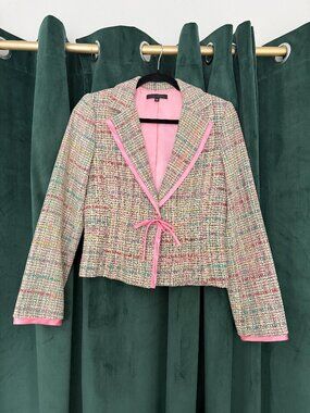 Vintage The Limited Tweed Blazer Silk Lined Pink Trim Tie Front Jacket Bouclé M